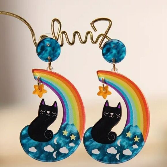 14k BLACK CAT RAINBOW MOON Cute fun whimsical kawaii novelty earrings - Picture 1 of 6